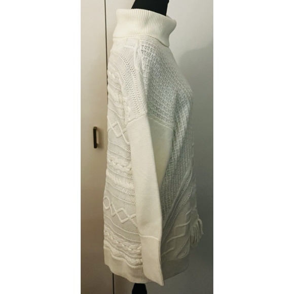Chico's Ecru Cable Knit Fringe Turtleneck Tunic Sweater | Cozy Luxe Winter Layer - Picture 5 of 10